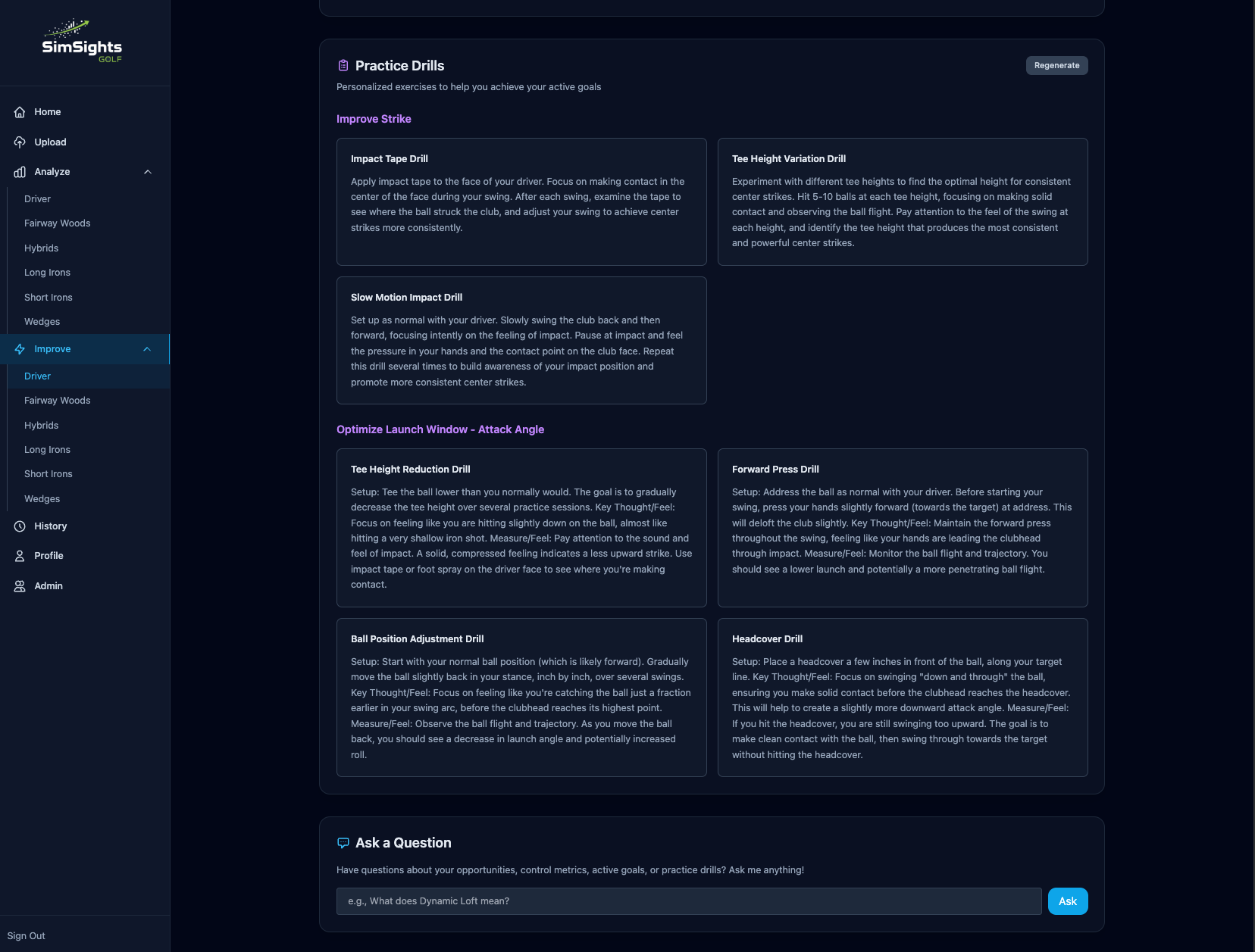 Practice drills interface